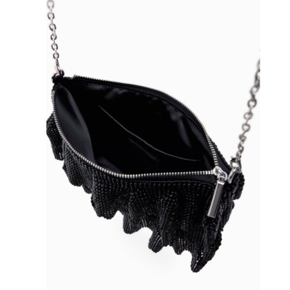 New Zara Black Ruffle Mesh Crossbody Bay With Rhinestone Strap Decor - Picture 6 of 9